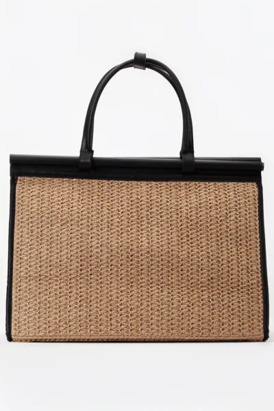 Alina Rafya Kağıt İp Hasır Omuz Çantası Bej Siyah O