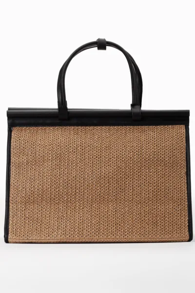 Alina Rafya Kağıt İp Hasır Omuz Çantası Bej Siyah X