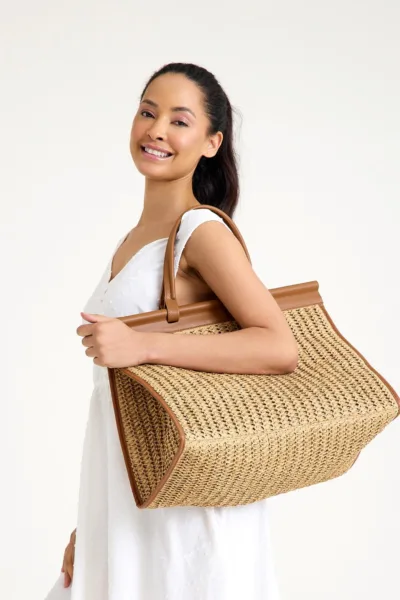 Alina Rafya Kağıt İp Hasır Omuz Çantası Bej Taba O