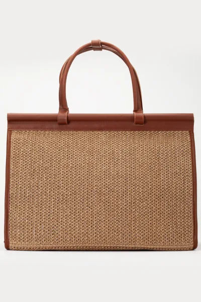 Alina Rafya Kağıt İp Hasır Omuz Çantası Bej Taba X