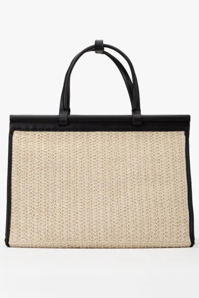 Alina Rafya Kağıt İp Hasır Omuz Çantası Krem Siyah O