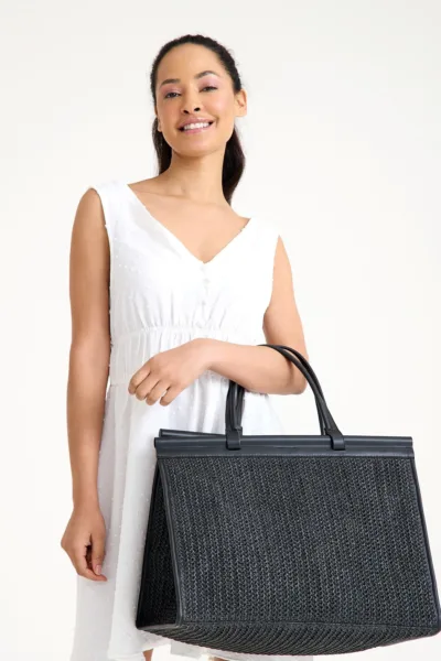Alina Rafya Kağıt İp Hasır Omuz Çantası Siyah
