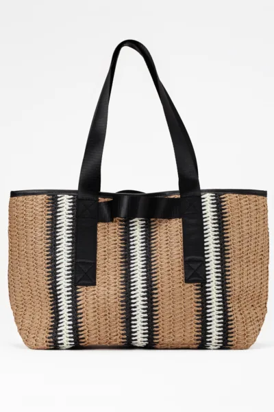 Luna Rafya Kağıt İp Hasır Plaj Günlük Omuz Çantası Bej Siyah Beyaz
