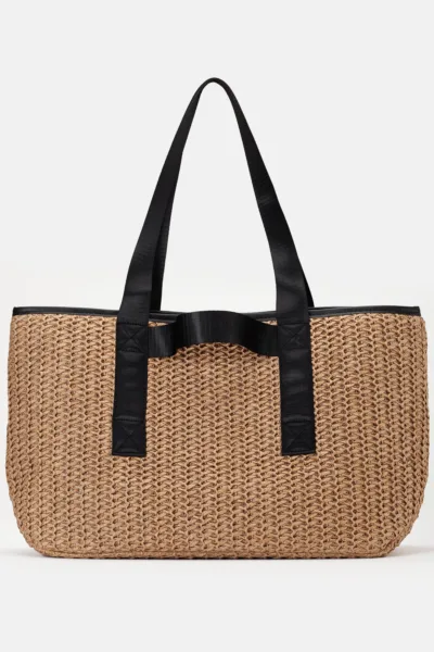 Luna Rafya Kağıt İp Hasır Plaj Günlük Omuz Çantası Bej Siyah O