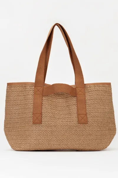 Luna Rafya Kağıt İp Hasır Plaj Günlük Omuz Çantası Bej Taba X