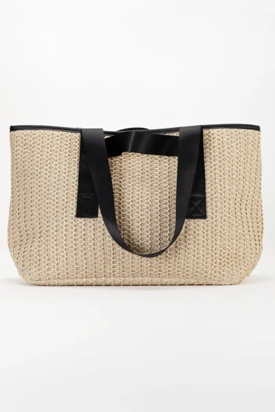 Luna Rafya Kağıt İp Hasır Plaj Günlük Omuz Çantası Krem Siyah O