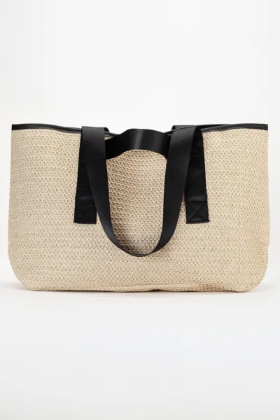 Luna Rafya Kağıt İp Hasır Plaj Günlük Omuz Çantası Krem Siyah X
