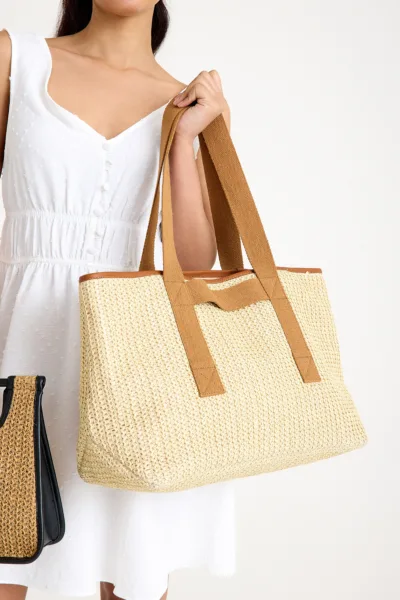 Luna Rafya Kağıt İp Hasır Plaj Günlük Omuz Çantası Krem Taba X