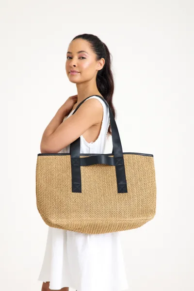 Luna Rafya Kağıt İp Hasır Plaj Günlük Omuz Çantası Bej Siyah X